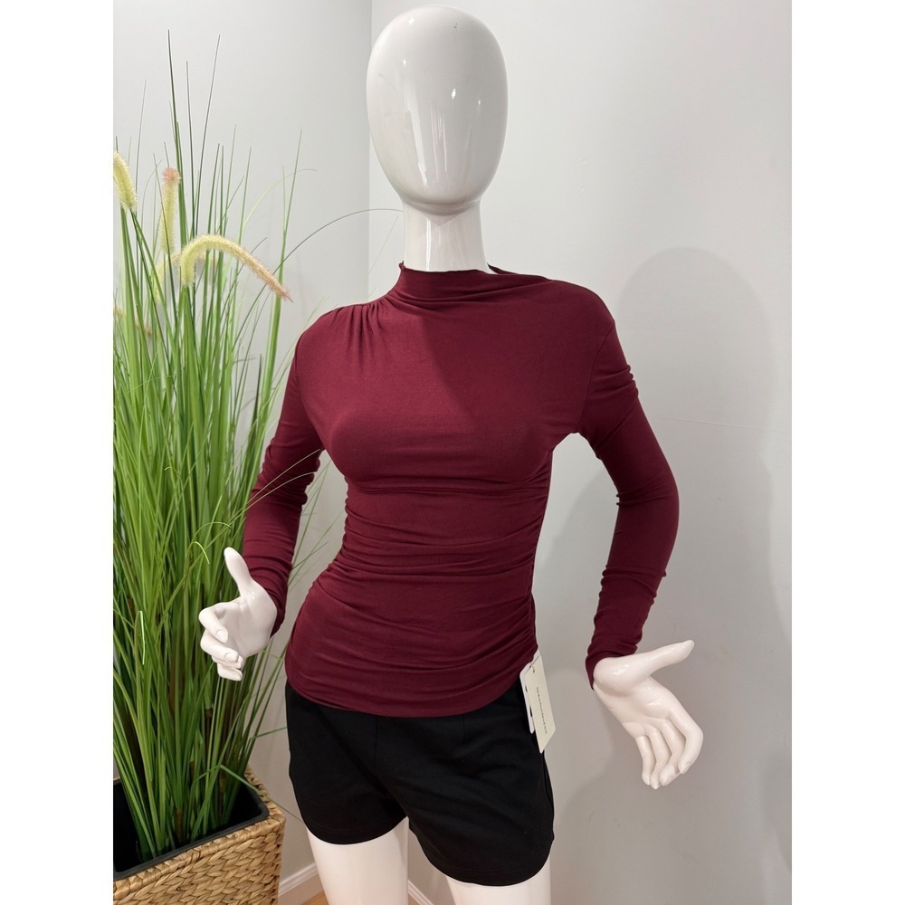Commense Burgundy Ruched Long Sleeve Top Mock Neck Fitted Blouse size XS - Picture 6 of 8
